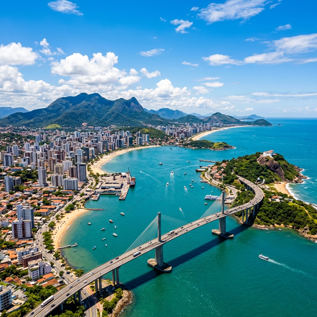 Vista aérea diurna da Baía de Vitória e Terceira Ponte